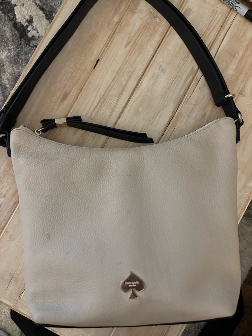kate spade Cream Leather Shoulder Bag with Black Strap and Gold Spade Accent